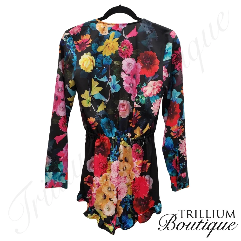 BEBE Women's Floral Colorful Vibrant Tie Front Romper XS/TP EUC Spring Summer - Picture 9 of 11